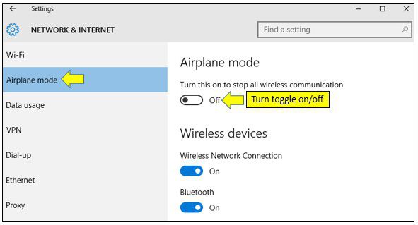 Uçak modunu nasıl kapatabilirim (Windows 10)? Adresleme